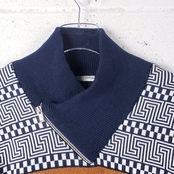 LCR Black Edition Men's Shawl Neck Knit Sweater Geometric Blue Long Sleeve - Picture 4 of 10